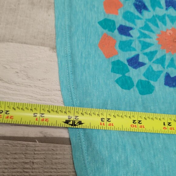 JCP Turquoise Short Sleeve 100% Linen Womens Top Geometric Floral Print Size M - Picture 8 of 9